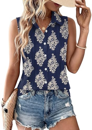 LOMON Women’s Sleeveless Button Down Blouse Lightweight Summer Casual Vacation Top Cotton Linen Printed Shirt with Pleated Front