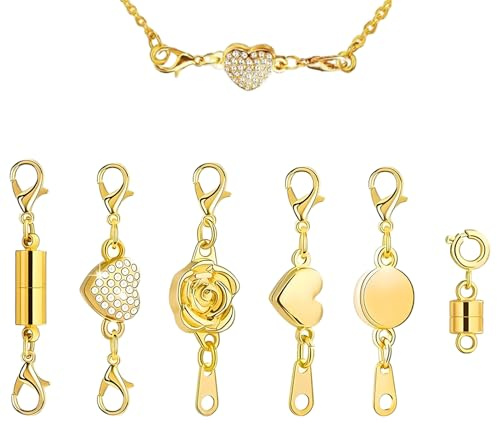 Csafyrt Magnetic Necklace Clasps and Closures, Gold Lobster Claw Clasp with Necklace Extender, 6PCS Jewelry Findings for Bracelet Making Supplies