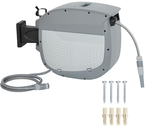 Outsunny Carrete de manguera con manguera de jardín de 30 m, giratorio 180°, caja de manguera con enrollado automático, autobloqueo, enrollador de manguera para montaje en pared, enrollador de