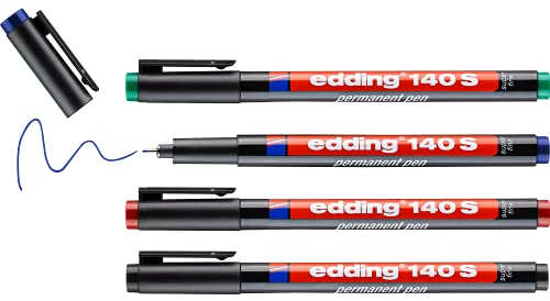 edding 140 S Permanenter Folienschreiber - 4er-Set - 4 bunte Farben - Rundspitze 0,3mm-zum Schreiben auf Glas Kunststoff Folien und glatten Oberflächen-permanent schnelltrocknend wisch- und wasserfest