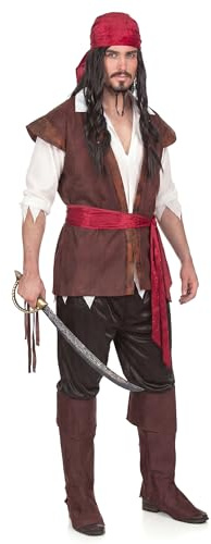 DEGUISE TOI - Déguisement pirate homme - Chemise/Gilet - Pantacourt - Bandana - Ceinture - Sur-bottes - XL - Marron - Déguisements adultes - 100% Polyester - Laver à la main - Carnaval