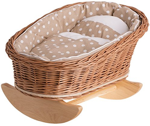 e-wicker24 Alles aus Weide Natural Wicker Dolls Cot Vintage Dolls Cradle Doll Bed Handmade Cot for Dolls Baby Doll Crib Retro Style White Doll Bedding-Wooden Rocking Cradle Rocking Berceau an Osier