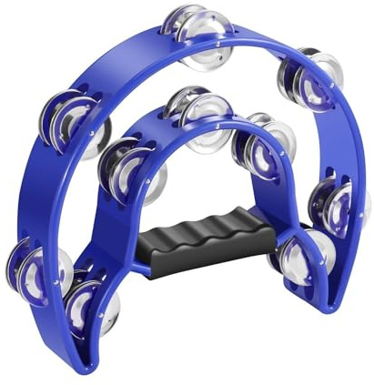 Flexzion Tambourine Metal Half Moon Musical Instruments Double Row Metal Jingles Hand Held Instruments Percussion with Ergonomic Handle Grip, Tambourines for Adults Church, Blue