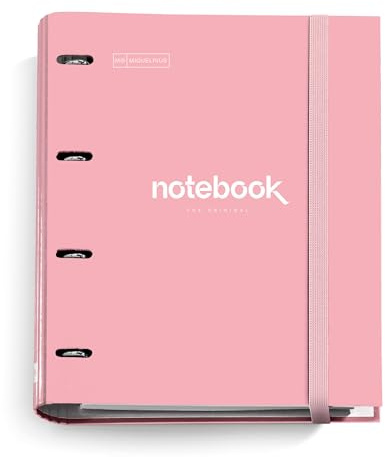 Miquelrius - Raccoglitore a 4 anelli A4 Emotions, 100 fogli a quadretti, Chiusura con elastico per l'uso come materiale scolastico, Copertina rigida in cartone, Colore rosa