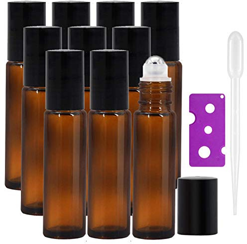JamHooDirect 10Pcs, 10Ml Essential Oils Roll on Bottles Travel Refillable Amber Glass Roller Bottles with Stainless Steel Roller Balls, (Includes 1 Bottle Opener & 12Pcs Label)