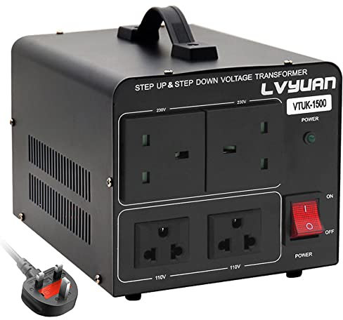 LVYUAN 1500W 220V 110V Voltage Transformer Step Up & Step Down Converter UK to US Dual 110V & 220V outlets, 1500 Watt Transformer with Plug