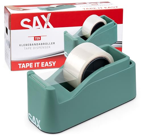 SAX Tape it Easy XXL Dérouleur de ruban adhésif à une main extra lourd | pour 1x ruban de 50mm ou 2x ruban de 25mm, Dérouleur de ruban pour paquets avec fonction porte-stylo, antidérapant, vert sauge