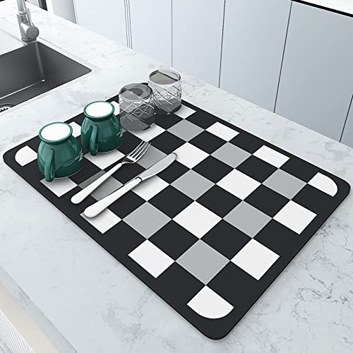 Alfombrilla de Drenaje Alfombrilla Secado de Platos Súper Absorbente Estera Fregadero Antideslizante Tapete de Secado Rápido para Encimera de Cocina 30x40cm (Tablero de Ajedrez)