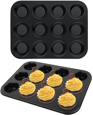 2 Stück 12er Muffinform Blech für 24 Muffinblech Muffin Backform Antihaftbeschichte Backform Inspiration Mini Muffinform Rund Backblech für Muffins Cupcake Pan Set Muffin Moulds 35×26×3 cm, Schwarz