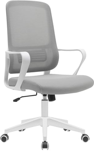 BAKAJI Chaise de Bureau Ergonomique avec roulettes pivotantes Anti-Rayures, Dossier en Tissu Respirant et Support Lombaire, Fauteuil d'étude Bureau réglage Hauteur gaz 98-108 cm (Gris et Blanc)