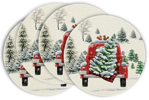 Artoid Mode Lastkraftwagen Bäume Weihnachten Runde Platzsets 4er Set, 37cm Winter Xmas Tischset Waschbar Platzdeckchen Küche Party Deko