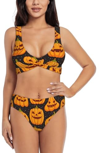 Maillot de bain 2 pièces taille haute pour femme avec motif citrouille d'Halloween 2024, maillot de bain gainant, noir, Taille M
