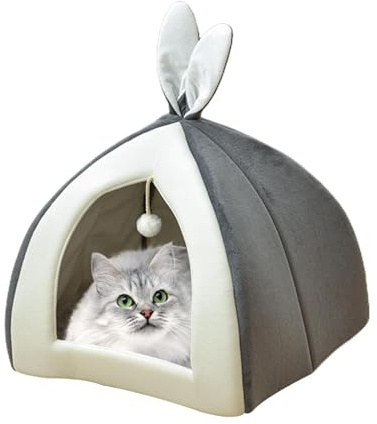 Cuccia per animali domestici, in morbido velluto, accogliente, piccola cuccia per gatti, con orecchie da coniglio, cuccia in peluche con pom-pom, portatile, con design a orecchie di coniglio, cuccia