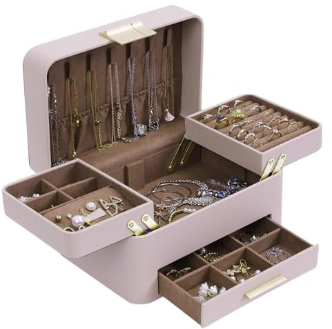 KAMIER Schmuckaufbewahrung, 3 Ebenen PU Schmuckkästchen groß,1 Schmuckaufbewahrung, Multifunktional Schubladeschmuck Organizer, Damen Schmuck Ohrringe Ring Box(Beige)