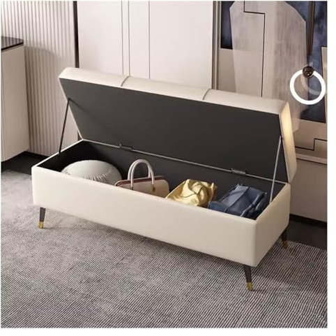 WIGSELBL Panca ottomana imbottita in finta pelle con contenitore, poggiapiedi da ingresso con coperchio incernierato, moderna ottomana con gambe in metallo (crema, 100 cm)