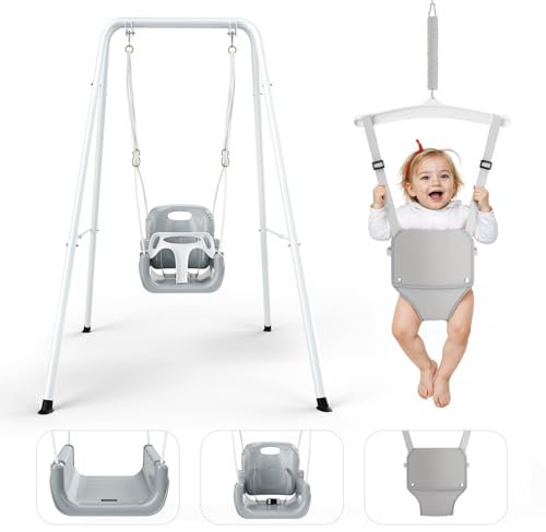 nmoiww Altalena per bambini con telaio 2 in 1, altalena per bambini con supporto in metallo, seggiolino con cintura di sicurezza per giocare all'aperto e al chiuso (bianco)