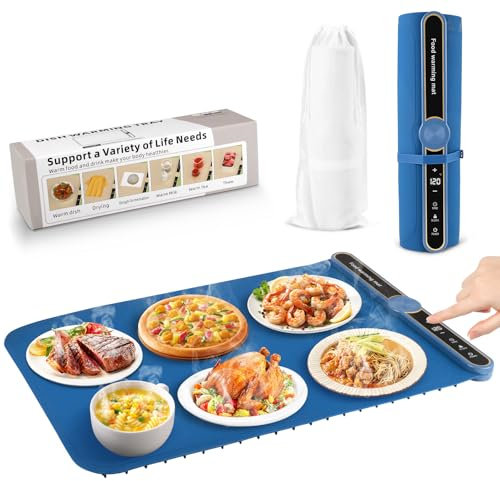 Gxpjycfob Chauffe Plat Électrique Pliable, Plateau Chauffant Électrique Flexible, Tapis Chauffe Plat électrique avec 9 Réglages de Température 40°C to 120°C pour Buffets Fêtes 60X38CM (Bleu)