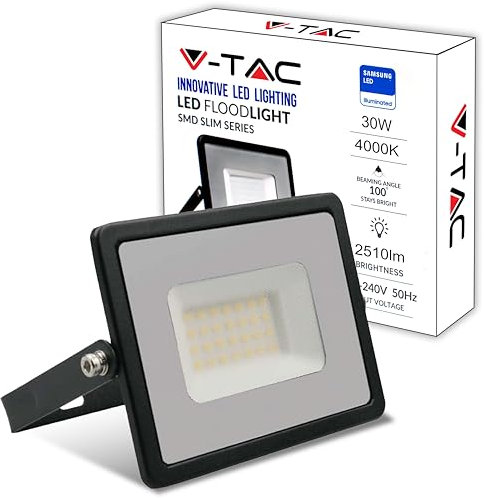 V-TAC Faro LED da Esterno 30W Nero - [Chip Samsung - Alte Perfomance, Bassi Consumi] - 2510 Lumen - IP65 - Proiettore Faretto LED Nero per Casa, Giardino, Garage - Impermeabile - Luce Naturale 4000K
