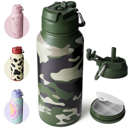 BOTTLE BOTTLE Insulated Water Bottle 950ml(32oz) Stainless Steel Sports Water Bottles with Straw Dual-use Lid Drink Flask Design for Gym with Pill Box (verde mimetico)
