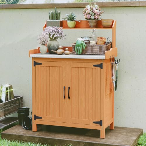 HOLTICO Potting Bench Outdoor, Wooden Potting Table with Metal Tabletop and Storage Cabinet, Garden Planting Table Work Station for Garden, Patio, Greenhouse