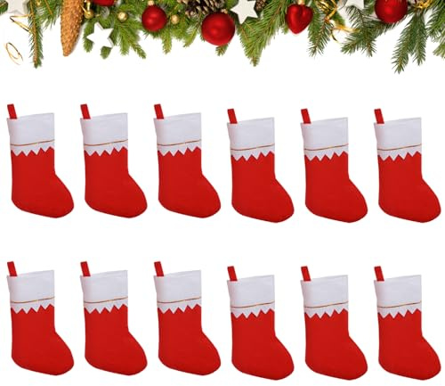 12 Stück Nikolausstrumpf, Rot-weiße Weihnachtsstrumpf Nikolausstiefel, Nikolaus Socken, Weihnachtssocken zum Befüllen & Aufhängen für Kamin, Weihnachtsbaum, Wand, Treppe Weihnachtsdeko
