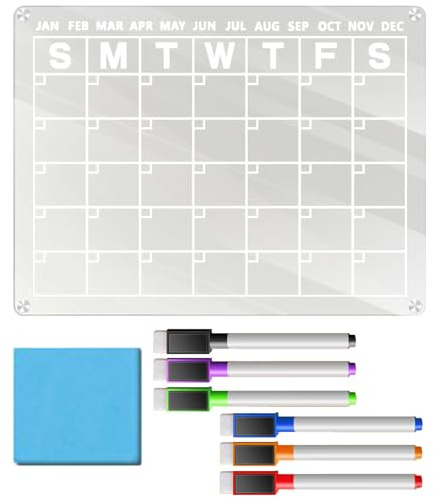 Calendario transparente para, borrado en seco, pizarra transparente con 6 marcadores para, cocina, apartamento, oficina, escuela