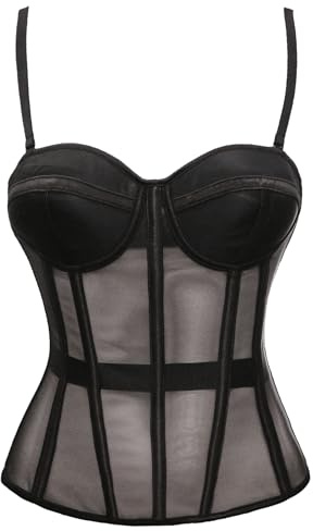 Bslingerie Women's Mesh Corset Semi Sheer Overbust Black Underwire with Removable Straps Plastic Bones