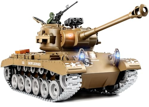 Supdex 1:18 RC Tank, 2.4G US Metal Alloy Metal US M26 Remote Control Tank That Shoot BBS Model Toys, Army Toy with Smoke, Lights, Sound and Recoil,Military RC Vehicle for Adults and Kids 6+ Year Old