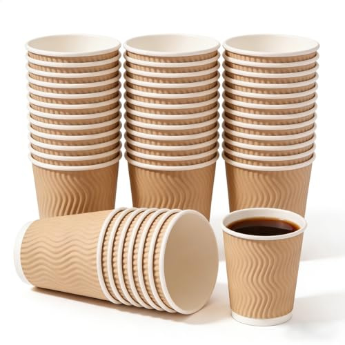 Halorin 75 vasos de papel de 400 ml, vasos estriados, de 3 capas, aislados, reciclables, desechables, de papel, tazas de café, tazas de café, té, bebidas calientes y frías (marrón oscuro)