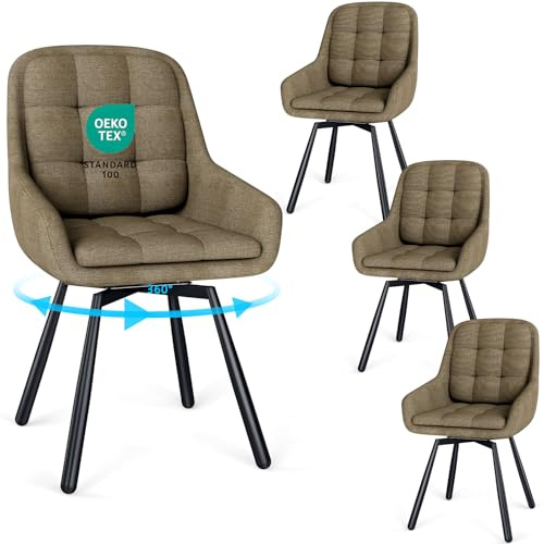 JIJIAN Juego de 4 Sillas de Comedor Giratorias 360° con Reposabrazos, Silla Acolchada con Patas Metálicas, para Salón, Cocina, Dormitorio y Estudio, Marrón