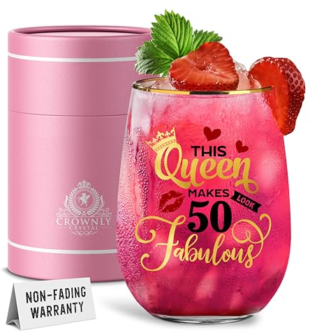 CROWNLY CRYSTAL® 50th Birthday Gifts for Women Wine Glasses Decorations Thoughtful Personalised Mum Cute Gifts for Ladies
