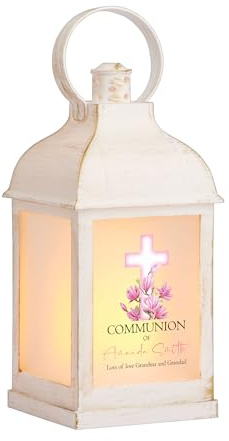 Personalised Communion Lantern Light Candle with Pink Cross