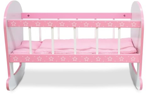 Teorema Juguetes, Cuna para muñecas Rosa Mecedora, Cuna de Juguete de Madera con colchón y cojín, Cuna Infantil de Juguete Decorada con Estrellas