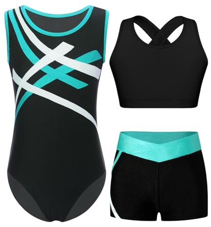 Oyolan Sportset för flickor, barn, gymnastik, linne, sport, gym, shorts, fitness, yoga, träning, sportkläder, Blå grön, 13-14 �r