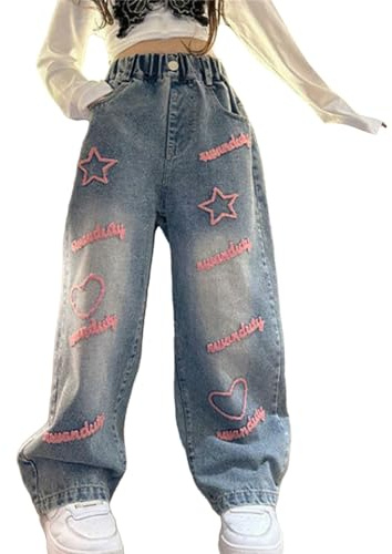 Jeans Mädchen Cool Herz Stern Schleife Sommerhosen Kinder High Waist Weite Bein Trend Jeanhosen Teenager Baggy Gummibund Lässige Vintage Soft Hosen (d-Pink, 7-8 Years)