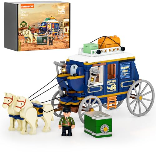 Lumibricks Treasure Stagecoach - Set di mattoncini da costruzione, 307 pezzi, vintage, con luci a LED, cassaforte e funzioni interattive, ideali da collezionare e regalare