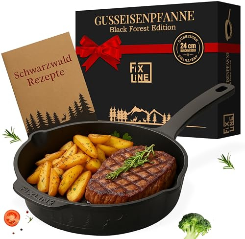 FIXLINE® BLACK FOREST Gusseisenpfanne 24cm - Induktion und alle Herdarten - Emailliert für kein Rost und kein einbrennen notwendig - Inklusive Schwarzwald Rezeptbuch - edle Geschenkverpackung