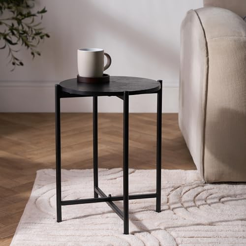 OHS Black Side Table for Living Room, Round Coffee Table with Sturdy Metal Frame Decorative Small End Tables Nightstand Bedside Tables for Bedroom Office