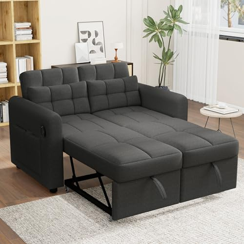 Lubvtti Sofá cama de 2 plazas moderno con respaldo ajustable, toma USB, bolsillos en los reposabrazos y cojines, sofá de 2 plazas, sofá de esquina en L, algodón lino (gris-2)