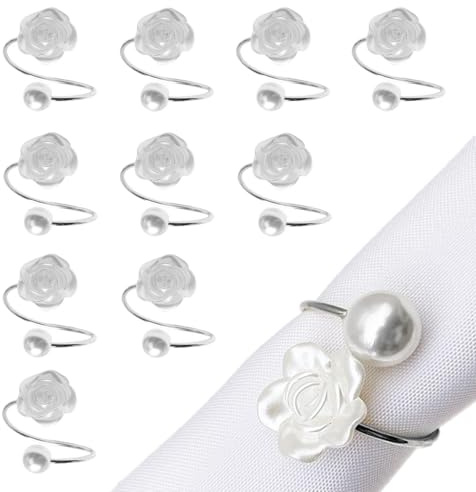 DKJEkdje 10 Pack Pearl Napkin Rings Exquisite White Rose Napkin Holder Rings for Formal Home Dinner Wedding Banquet Party Decor