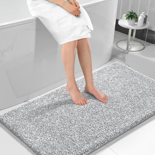 Yimobra Rutschfester Badezimmerteppich Extra weich und bequem Wasserabsorbierende, Dicke und maschinenwaschbare Badematte Flauschig für Dusche und Badewanne, Grau & Weiß, 120 x 61 cm