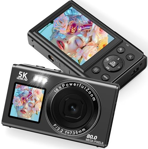 5K 80MP Camara de Fotos con WiFi, Pantalla LCD de 2.4'' y Pantalla para Selfie de 1.5'', Zoom Digital 18X, Tarjeta SD de 32G, Vlog Cámara Fotografica Compacta para Adolescentes Principiantes (Negro)