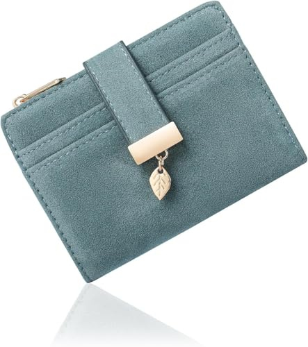 Pomelo Best Women's RFID Wallet - Vegan Leather Bi-fold Small Ladies Purse with Zipper Coin Pocket & ID Window - Leaf Charm Compact Wallet for Women (Velvet Blue)
