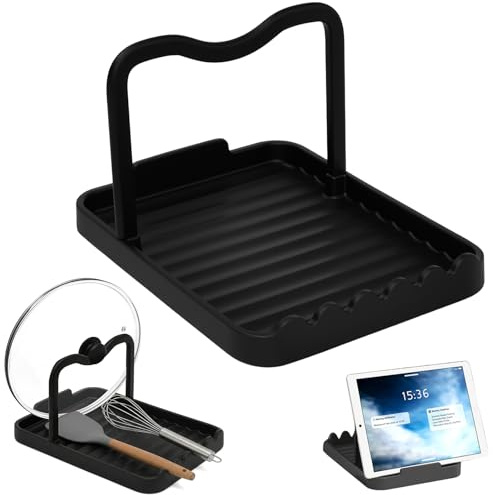 ZXBBTZ Soporte para Tapas de Ollas y Cucharas, Organizador Tapas Ollas y Sartenes para Cocina, Soporte para Tapa Olla para Encimera de Cocina, Soporte Bandejas Cocinas para Utensilios - Negro