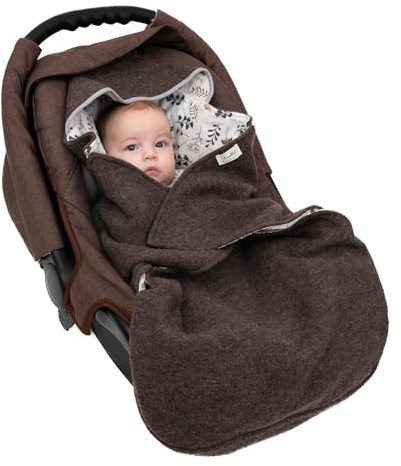 Swaddyl WOLLWALK Einschlagdecke Babyschale - Baby Fußsack - Maxi-Cosi Decke - Einschlagdecken für Kinderwagen - Neugeborene bis 11 Monaten aus 100% Wolle (Braun Blumen)
