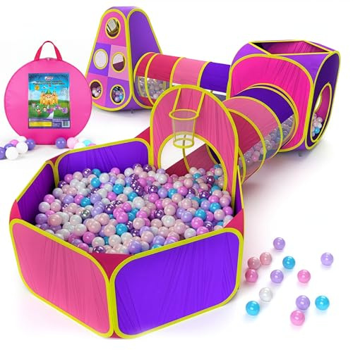 Playz 5pc Kids' Play Tents & Tunnels - Ball Pit for Toddlers, Basketball Hoop, Crawling Tubes, Pop-Up Playhouses, Baby Obstacle Course for Indoor or Outdoor Use