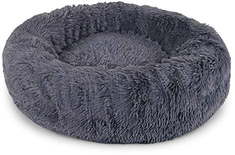 lionto Donutbett für Hunde und Katzen, Flauschiges Hundebett rund für kleine und große Heimtiere, Ø 40 cm, weiches Katzenbett aus kuscheligem Plüsch, Hundekissen mit extra Dicker Füllung, dunkelgrau