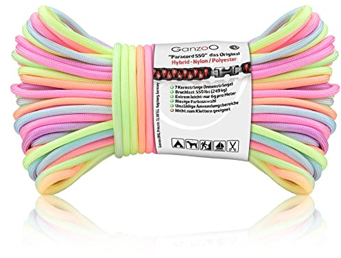Ganzoo Paracord 550 rep för knytning, 4 mm 30 m, pastell regnbåge light, nylon polyester hybrid, typ 3 med 7 kärntrådar, för armband, nyckelband, hundhalsband, camping och friluftsliv