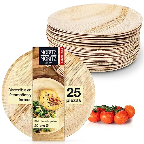 Moritz & Moritz Vajilla redonda 25 piezas hoja de palmera - 25 platos desechables aprox. 25 cm Ø - alternativa a los platos de bambú y la vajilla de bambú