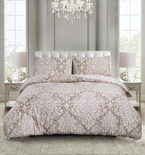PRIME LINENS Duvet Cover Set 4 Pcs Brushed Microfibre Quilt Cover Bedding Set With Pillow Cases and Extra Fitted Sheet Included (Royal Damask Beige, Super King)